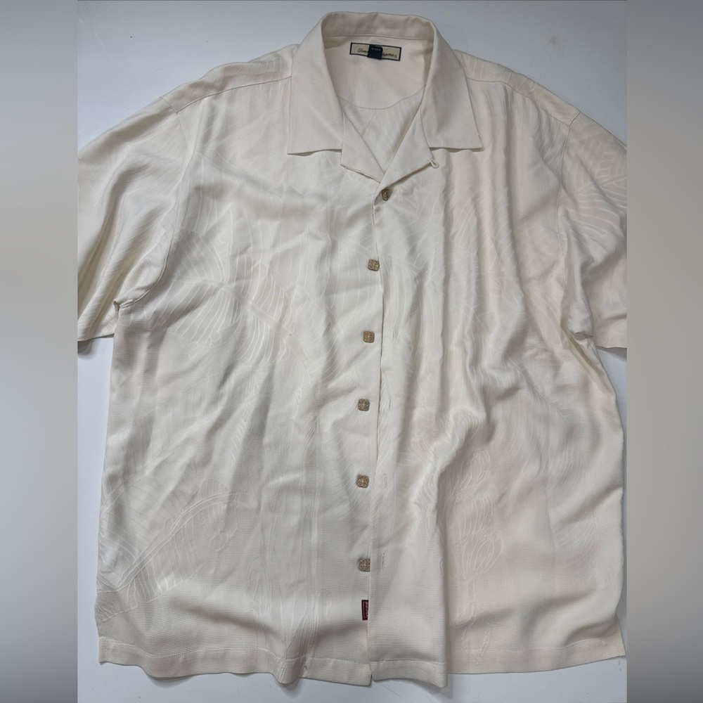 Vintage Tommy Bahama Shirt Ivory Silk XL Short Sleeve Button-Up Men A030126